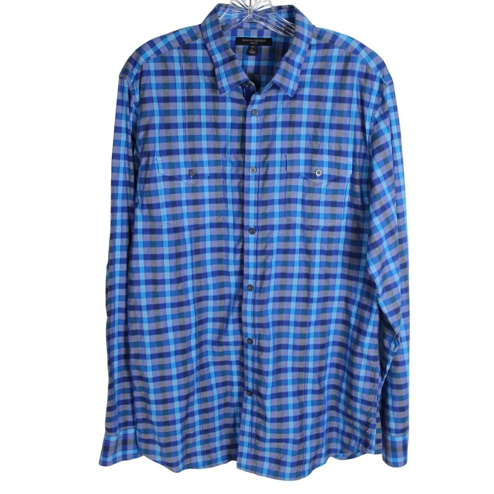 Banana Republic Slim Fit Tall Plaid Button‎ Down Shirt Mens L Blue Gray